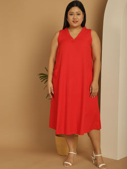 theRebelinme - Plus Size Women's Red Solid Color A-Line Midi Dress