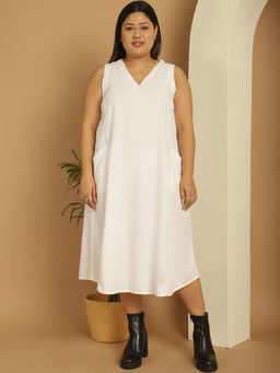theRebelinme - Plus Size Women's White Solid Color A-Line Midi Dress