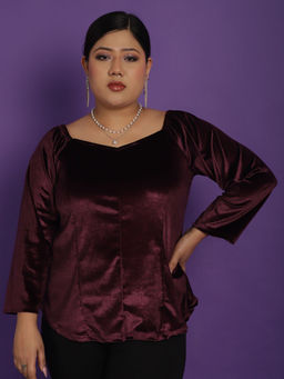 theRebelinme - Plus Size Women's Burgundy Solid Color Velvet Top