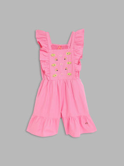Blue Giraffe - Girls Pink Embroidered Jumpsuit
