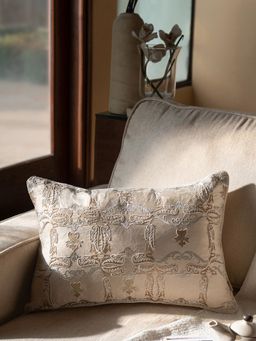 Maspar - 100% Cotton Embroidered Rectangular Cushion Cover for Sofa & Bed Decor - Off White (M)