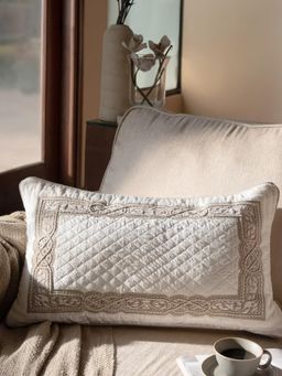 Maspar - 100% Cotton Embroidered Rectangular Cushion Cover for Sofa & Bed Decor - Ivory (M)