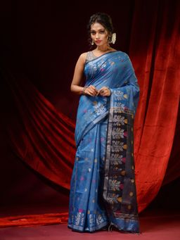 CHARUKRITI - Cobalt Blue Tissue Floral Zari Motifs and Contrast Pallu Saree with Unstitched Blouse