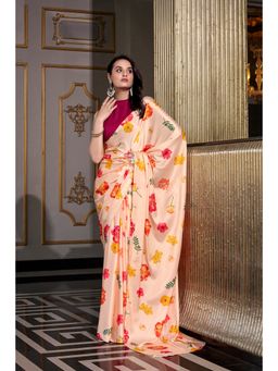 LooknBook Art - Women Cream Satin Floral Saree with Unstitched Blouse