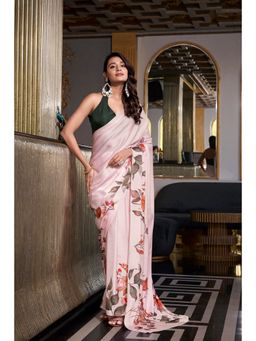 LooknBook Art - Women Pink Satin Floral Saree with Unstitched Blouse