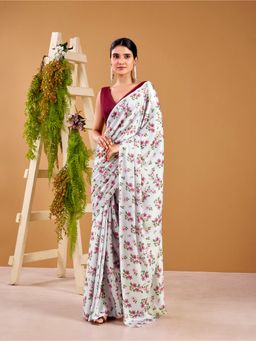 LooknBook Art - Women White Satin Floral Saree with Unstitched Blouse