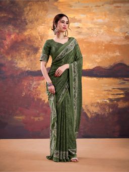 LooknBook Art - Women Green Crepe Floral Saree with Unstitched Blouse