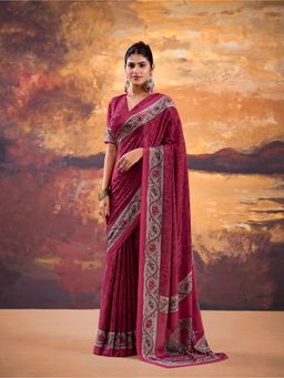 LooknBook Art - Women Pink Crepe Floral Saree with Unstitched Blouse