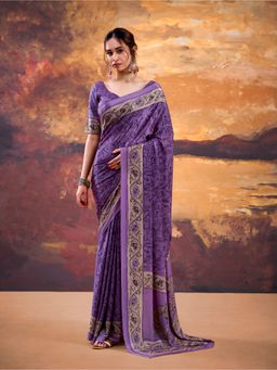 LooknBook Art - Women Purple Crepe Floral Saree with Unstitched Blouse