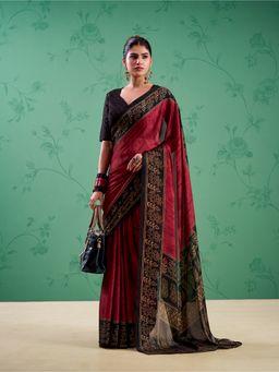 LooknBook Art - Women Maroon Silk Blend Floral Saree with Unstitched Blouse