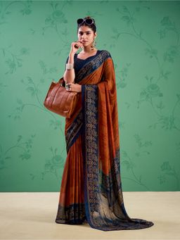 LooknBook Art - Women Rust Silk Blend Floral Saree with Unstitched Blouse