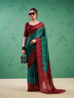 LooknBook Art - Women Teal Silk Blend Floral Saree with Unstitched Blouse