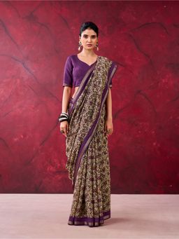 LooknBook Art - Women Purple Cotton Floral Saree with Unstitched Blouse