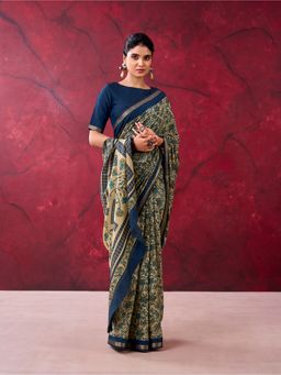 LooknBook Art - Women Navy Blue Cotton Floral Saree with Unstitched Blouse