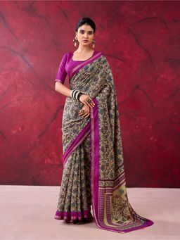 LooknBook Art - Women Pink Cotton Floral Saree with Unstitched Blouse