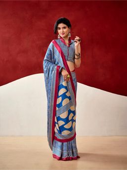 LooknBook Art - Women Blue Satin Abstract Saree with Unstitched Blouse