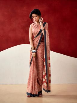 LooknBook Art - Women Orange Satin Abstract Saree with Unstitched Blouse