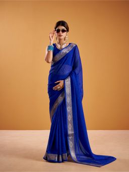 LooknBook Art - Women Blue Art Silk Floral Saree with Unstitched Blouse