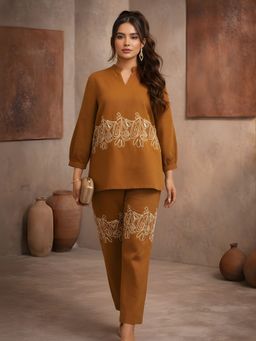 Dora Dori - Women Mustard Embroidered Cotton Co-Ord Set