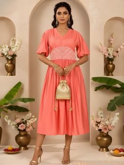 Dora Dori - Women Coral Embroidered Chanderi Silk Dress