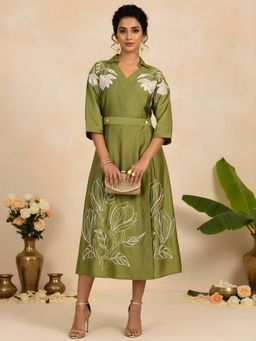 Dora Dori - Women Green Embroidered Chanderi A-Line Dress