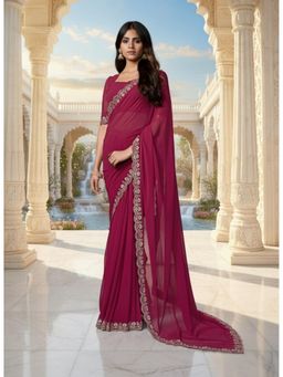 INDDUS - Women Solid Sequined Embroidered Magenta Saree with Unstitched Blouse