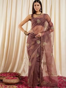 INDDUS - Women Floral Sequined Embroidered Mauve Saree with Unstitched Blouse