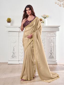 INDDUS - Women Solid Sequined Embroidered Border Gold Saree with Unstitched Blouse