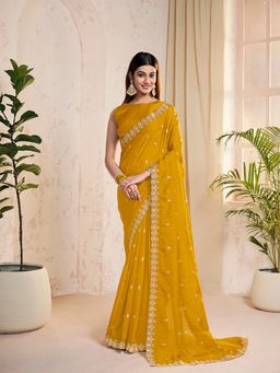 INDDUS - Women Floral Sequined Embroidered Mustard Saree with Unstitched Blouse