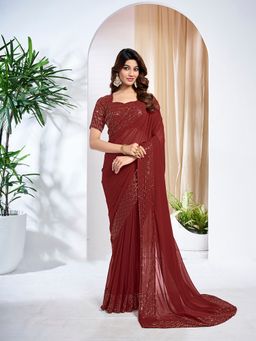 INDDUS - Women Striped Sequined Embroidered Maroon Saree with Unstitched Blouse