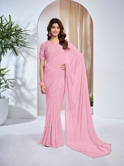 INDDUS - Women Striped Sequined Embroidered Pink Saree with Unstitched Blouse