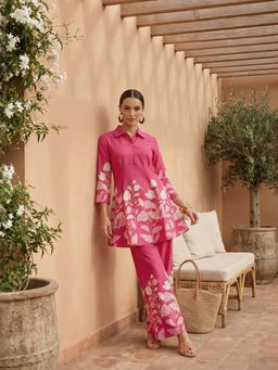 IMANA - Women Pink Floral Placement Print Collar Co-Ord Set