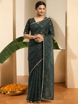 INDDUS - Women Floral Digital Printed Green Saree with Embroidered Unstitched Blouse