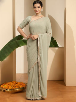 INDDUS - Women Fringe Lace Border Green Saree with Zari Sequins Unstitched Blouse