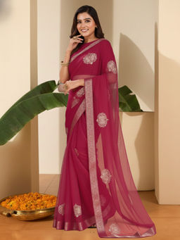 INDDUS - Women Ethnic Motifs Zari Embroidered Magenta Saree with Unstitched Blouse