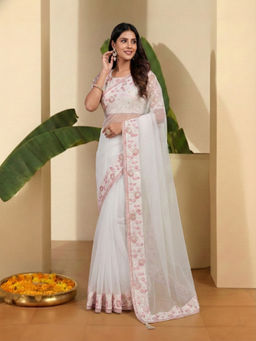 INDDUS - Women Floral Thread and Embroidered Border Off White Saree Unstitched Blouse