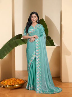INDDUS - Women Floral Thread and Sequined Embroidered Green Saree with Unstitched Blouse
