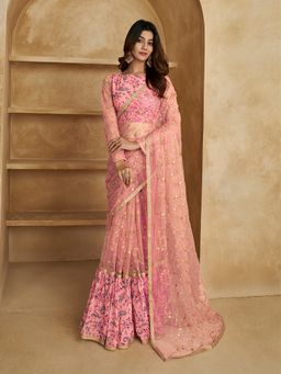 INDDUS - Women Floral Sequins Embroidered Ruffled Pink Saree with Unstitched Blouse