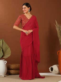 INDDUS - Women Ruffles Maroon Saree with Sequined Embroidered Unstitched Blouse