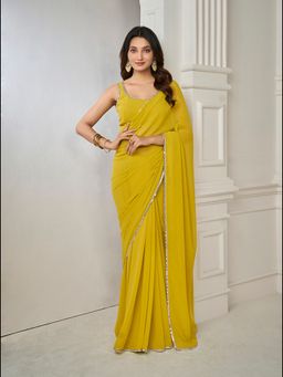 INDDUS - Women Solid Mirror Work Border Mustard Saree with Unstitched Blouse