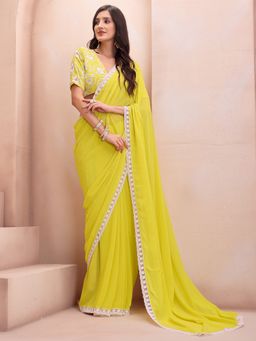 INDDUS - Women Floral Thread Embroidered Border Yellow Saree with Unstitched Blouse