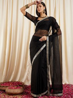 INDDUS - Women Solid Embroidered Bordered Black Saree with Unstitched Blouse