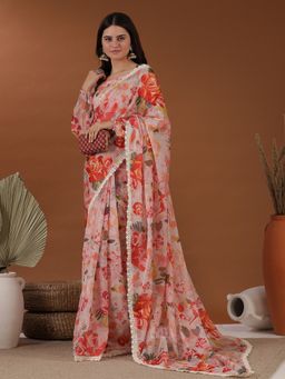 INDDUS - Women Floral Digital Printed Organza Peach Saree with Unstitched Blouse