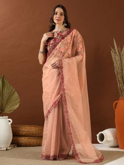 INDDUS - Women Solid Embroidered Border Peach Saree with Printed Unstitched Blouse
