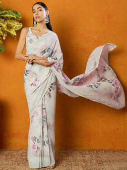 INDDUS - Women Floral Printed Embellishments Off White Saree with Unstitched Blouse