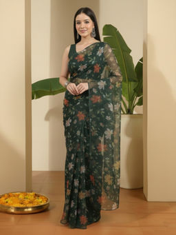 INDDUS - Women Floral Printed Green Saree with Unstitched Blouse