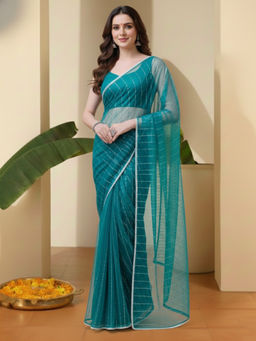 INDDUS - Women Embellished Stripes Teal Saree with Unstitched Blouse