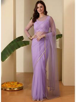 INDDUS - Women Lavender Solid Saree with Floral Zari Sequined Embroidered Unstitched Blouse