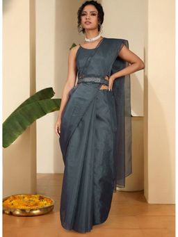 INDDUS - Women Grey Solid Saree with Embellished Belt and Unstitched Blouse
