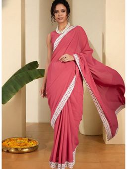 INDDUS - Women Thread Embroidered Lace Border Pink Saree with Unstitched Blouse